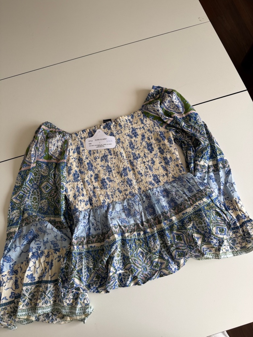 Angie Blue, Cream & Green Boho Smocked Peasant Top L - Picture 3 of 3